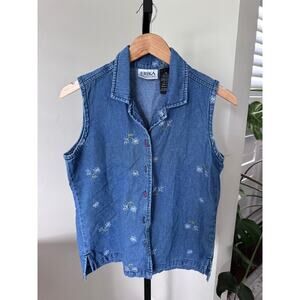 Vintage Erika Denim Sleeveless Flower Embroider Collar Top